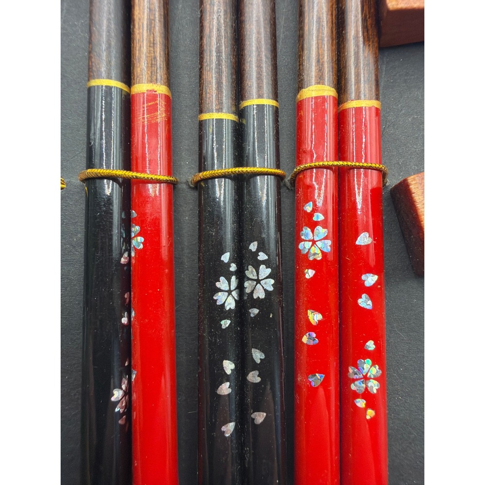 3 Pair Wooden Chopstick Set with Rests Red Black Lacquer Sakura Floral Design - Picture 5 of 5